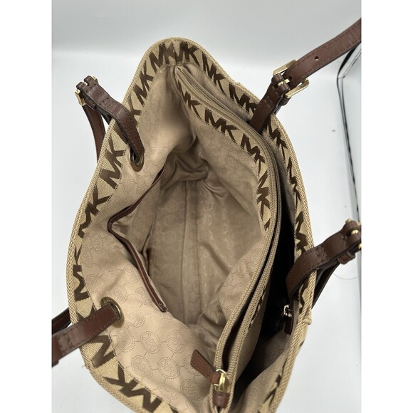 Michael Kors Signature Open Top Tote Center Zip Brown Tones Canvas Lerather Trim - Picture 5 of 8